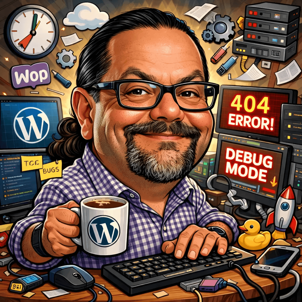 Illustrated portrait of Shawn Meisser surrounded by WordPress and hosting visuals.